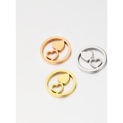 10pcs/lot 12mm Round Heart Love Charms Mirror Polish Stainless Steel Connector Charms DIY Making Necklace Braid Bracelets Gifts