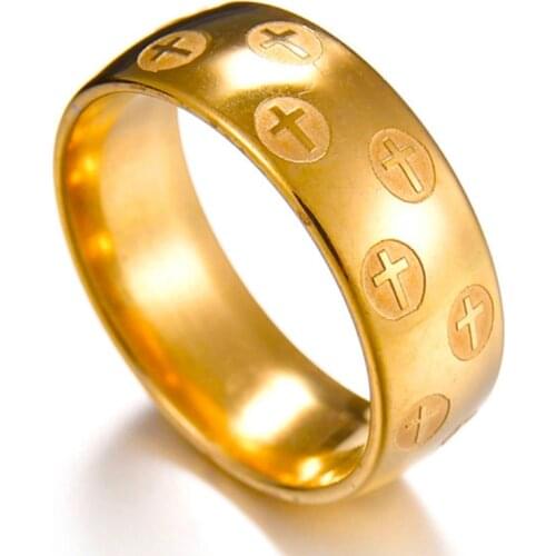 High Quality Religious Christian Mens Ring Stainless Steel Russian Gold Jesus Cross Ring Wedding Jewelry Gift for Men