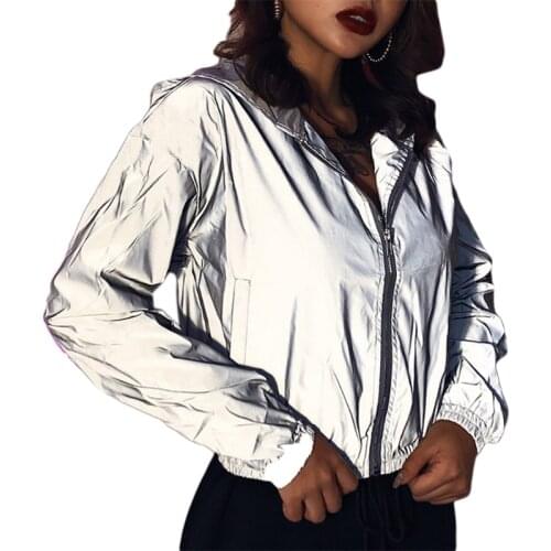 Women Reflective Long Sleeve Hoodie Jacket Night Shiny Zip Crop Sweatshirt Coat