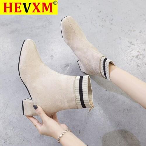 HEVXM 2020 Fashion Ankle Elastic Sock Boots Chunky High Heels Stretch Women Autumn Sexy Booties Pointed Toe Women Pump
