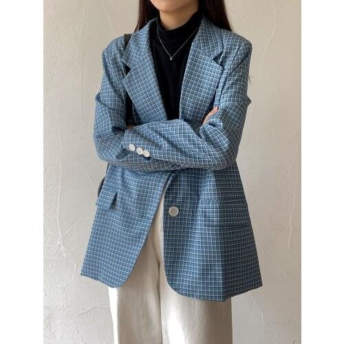 Nic 2021 Women Plaid Blazers and Jackets Work Office Lady Suit Loose Single Breasted Casual Pockets Female Suits Coat