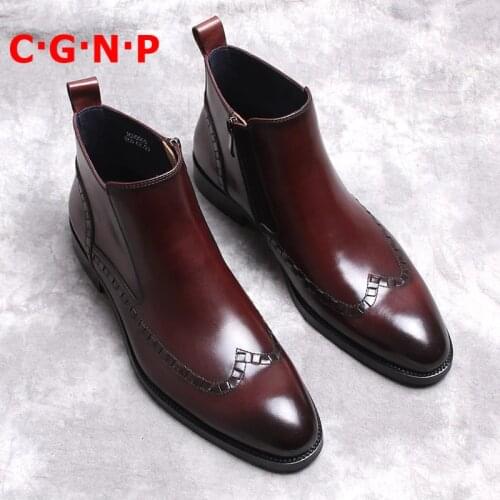 C·G·N·P Winter Hot Fashion Genuine Leather Pointed Toe Mens Boots British Style Handmade Chelsea Boots Male Dress Shoes