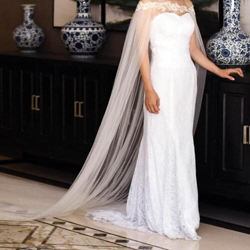 ZMG26 Womens Long Capes for Wedding Pearl Embellishment Chiffon White Bridal Shawls Wraps for Formal Party bolero for girls