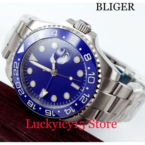 BLIGER High Quality Blue Dial GMT Function Stainless Steel Strap 40mm Silver Color Automatic mens Watch With Date Window