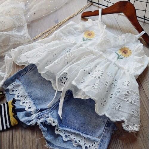 Blotona 2Pcs Kids Hollow Out Flower Set Sunflower Embroidery V-Neck Sleeveless Ruffle Tops+ Denim Shorts for Girls 3-8Years