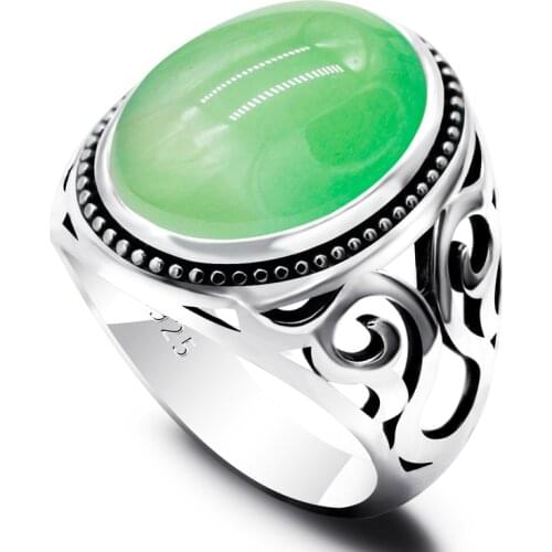 New Hot Selling 925 Sterling Silver Mens Ring Green Agate Stone Mens Punk Ring Unisex Ring High Jewelry