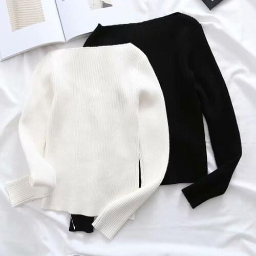 Korean Style Black White Knitted Ribbed Sweater Autumn Winter Femme Pull Slim High Elasticity Soft Sweaters Women Pullovers