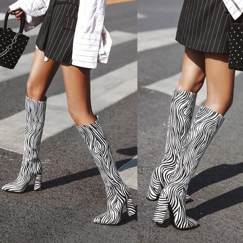 Fashion Knee High Boots Womens Winter Boots High Heels Long Boots Round Slip On Spring Autumn Shoes Zebra print womens boots