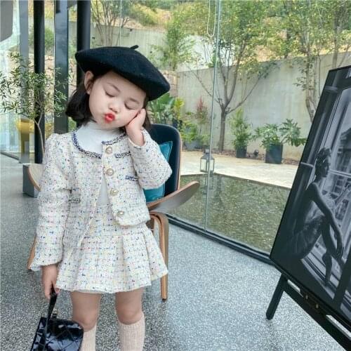 2021 New Spring Girls Boutique Outfit Set Kids Tweed Plaid Long Sleeve A-line Skirt 2pcs Clothing Set for Toddler 's Clothing