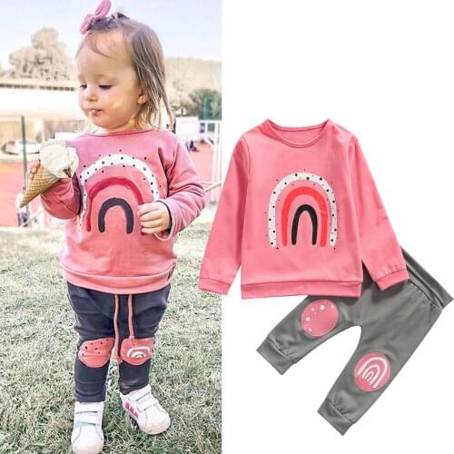 Newest Arrival Baby Toddler Girls 2Pcs Fall Outfits Children Casual Long Sleeve Rainbow Print Pullover and Pants Set for 0-4T