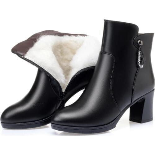 Top Cowhide Autumn Martin Boots Fashion Womens Boots High Heel Non-slip Warm Winter Boots Plush / Wool Womens Leather Boots