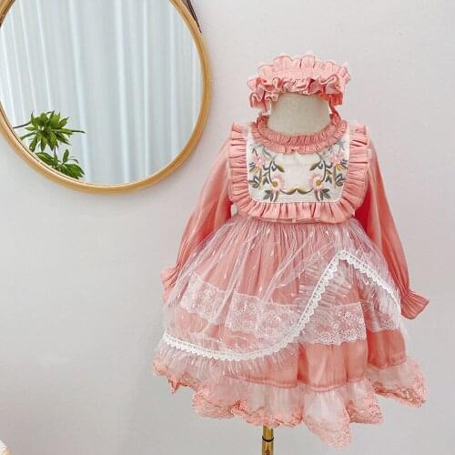 2-6T Spring New Lace Lolita Princess Dress for Girls Cute Soft Pink Baby Girls Dress With Hat Toddler Girl Christmas Outfits