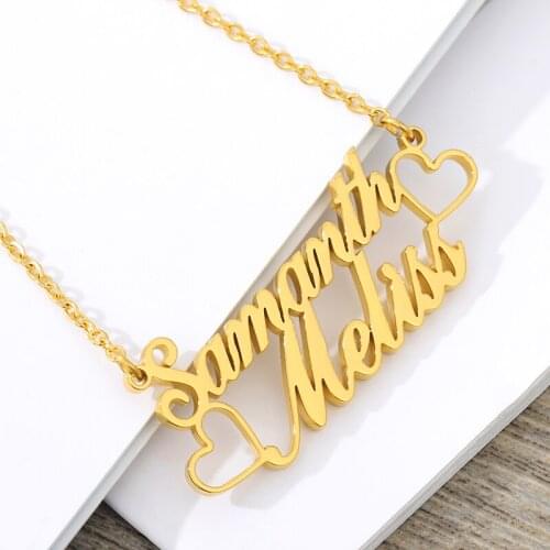 Trendy New Custom Double Heart Name Necklace Stainless Steel Pendant With Water Wave Chain Perfect For Women Perfect Jewelry BFF