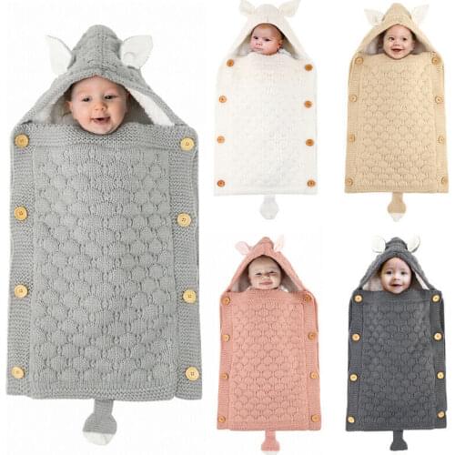 Newborn Baby Girls Boys Swaddle Wrap Blanket Sleeping Bag Button Solid Warm Bedding Knit