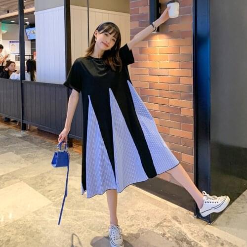 45830# Maternity Dress Summer Cotton Short Sleeves Loose Midi Mid-Long Dress Plus Size Pregnancy Dress Pregnant Women Mom Dress