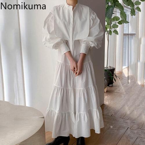 Nomikuma New Chic White Dress Women Vestidos Femme Stand Collar Long Sleeve Korean Vintage Maxi Dresses Autumn Clothes 3d578