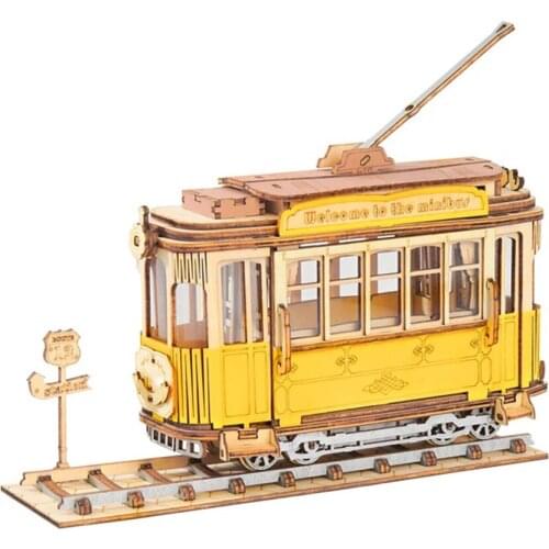 DIY Movable 3D Wooden Tram Puzzle Game Assembly Toy Kid Handmade Assembly Kit for Children Teens Adult Education Toy Gift