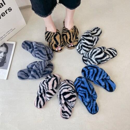 Spring Autumn Warm Slippers Women Cozy Faux Fur Cross Indoor Flip Flops Floor Slides Flat Soft Furry Cotton Slipper