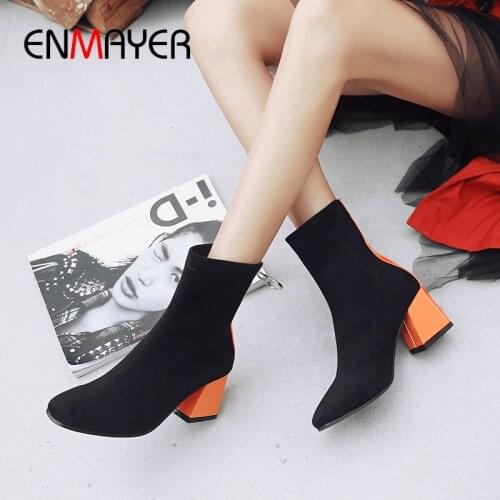 ENMAYER 2020 Round Toe Flock Square Heel Ankle Boots for Women Winter Boots Women Mixed Colors Zipper Stretch Fabric Women Shoes