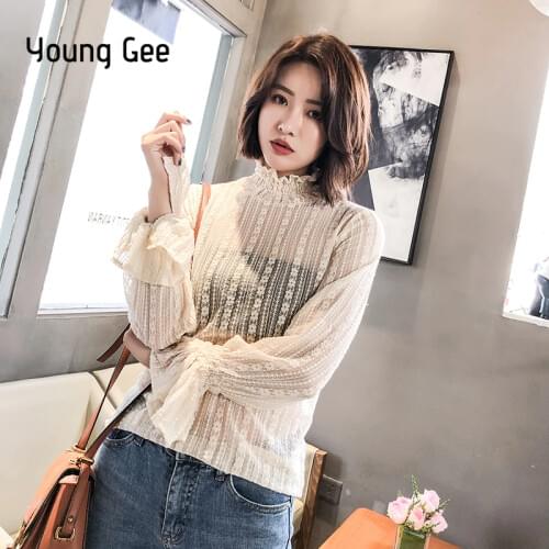 Young Gee Sweet Lace Floral Women Tops Spring Flare Long Sleeve Blouses Shirts Sexy Slim blusa feminina All-match haut femme