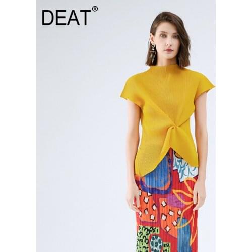 DEAT Woman Pleated T-shrit Solid Sleeveless Stand Collar Pullover High Elastic Simple Wild Casual Style 2021 New Summer 15XF176