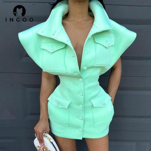 INGOO Fashion Fly Sleeve Dress Women Casual Turn Down Collar Single Breasted Collected Waisted Mini Dresses Solid Y2K Streetwear
