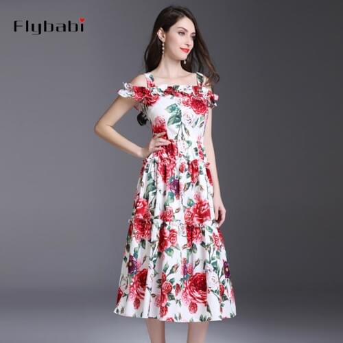 Sleeveless The roses are printed Cascading Ruffle Spaghetti Strap Slash neck Mid-Calf Long Dress 2018 spring and Summer Women
