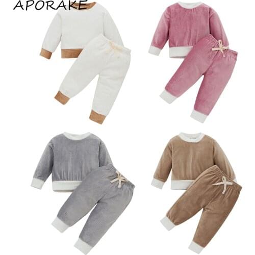 2021 3-24M Autumn Infant Baby Corduroy Clothes Set Boys Girls Patch Long Sleeve O Neck Sweatshirt+Bow Pants Casual Outfits 2pcs