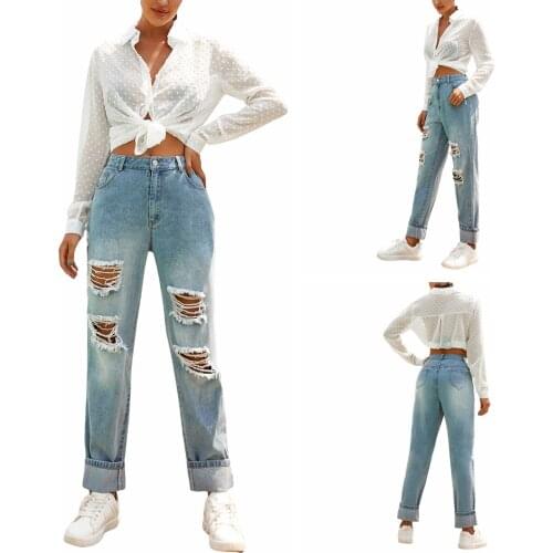 2021 New Women Casual Ripped Jeans, Adults Solid Color High Waisted Trousers with Pocket (Blue)