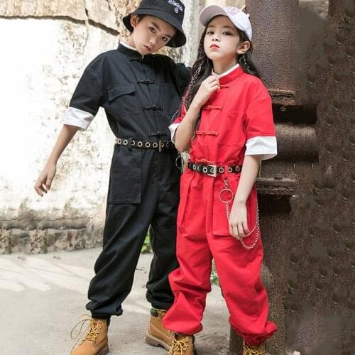 Kids Hip Hop Costume Boys Loose Jumpsuit Belt Short Sleeved Street Dancewear Girls Jazz Performance Stage Outfits Rave BL5048