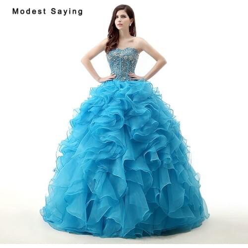 Elegant Blue Ball Gown Sweetheart Lace Ruffled Quinceanera Dresses 2017 with Rhinestone Girls Party Prom Gowns vestidos de 15