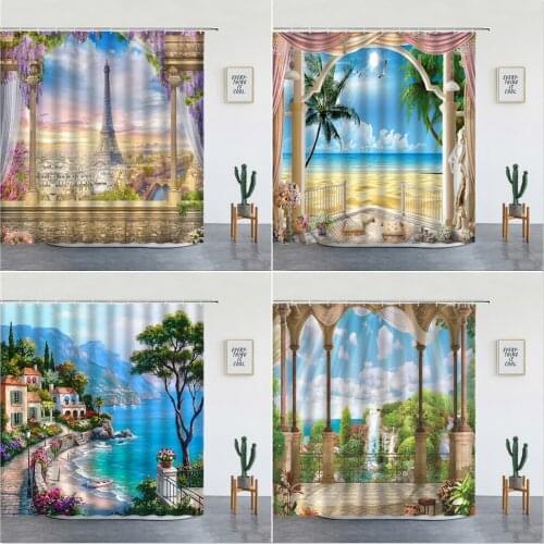 European Landscape Shower Curtains Paris Tower Mediterranean Natural Scenery Backdrop Wall Decor Bathroom Bath Screen With Hooks