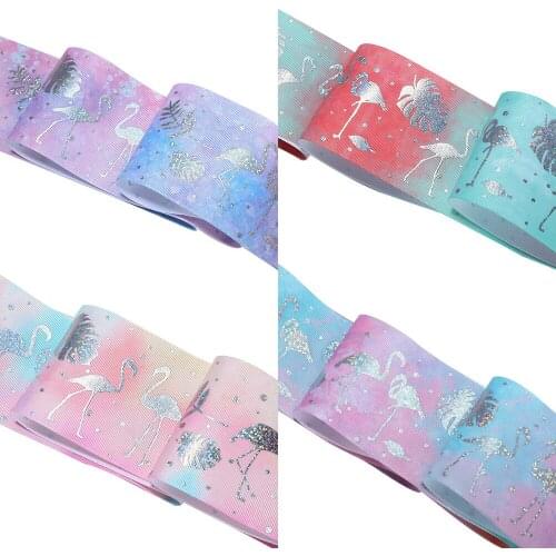 75mm Hologram Silver Foil Flamingo Palm Leaf Frond Grosgrain Ribbon For DIY Accessories 50yards Welcome Custom Printed