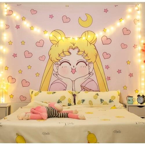 Hawkalice Japanese Anime Sailor Tapestry Wall Hanging Hippie Smiling Girl Tapestry For Pink Home Decor Living Room Bedroom Dorm