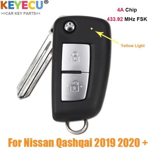 KEYECU 2 Buttons 433.92MHz PCF7961M For Nissan Qashqai 2019 2020 Flip Remote Car Key Fob Yellow LED light