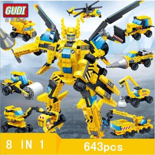 GUDI Building Block 8 In 1 Vehicle Transformation Deformed Car Trailer Tank Robot Movie Bricks Mini Set Toys Gift For Children