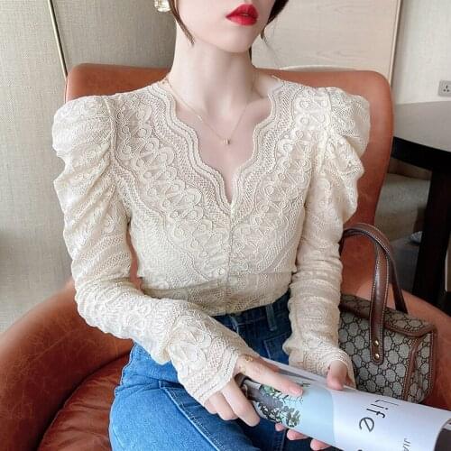 Lace Women Blouse Womens Autumn Winter New 2021 Lace Sexy Transparent Solid color V-neck Long Sleeve Ladies Blouse Shirts 250G