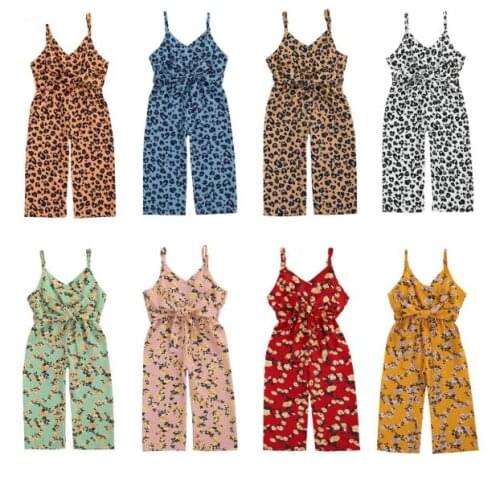 Baby Girl Summer Leopard Rompers Kids Girl Sling Trousers Flower Printed Summer Lace-up Chiffon Overalls Clothes