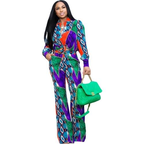 Fashion Colorful Printed Womens Lapel Casual Long-Sleeved Suit Pants Suit For Office Ladies Two-Piece