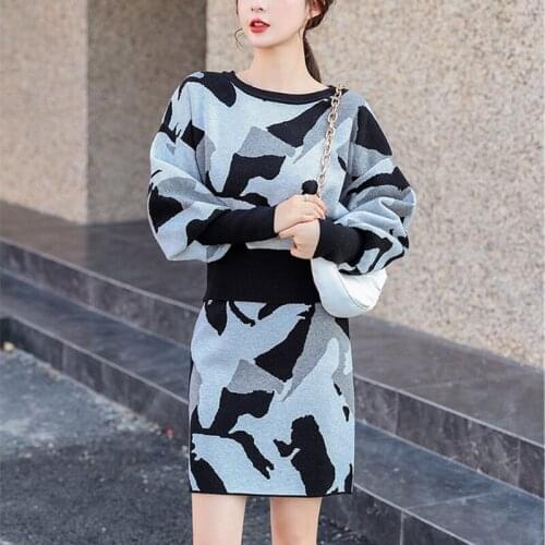 2020 New Autumn Knitted Sweaters Women Two Piece Set High waist skirt suit Fashion camouflage knitting 2 piece sets womens