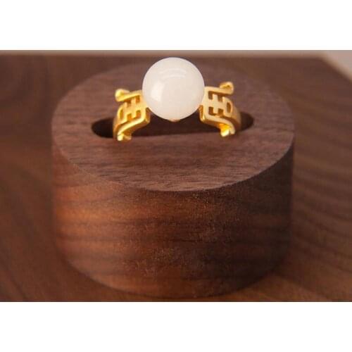 New Silver Inlaid Natural Hetian White Chalcedony Hollow Chinese Retro Temperament Opening Adjustable Womens Ring