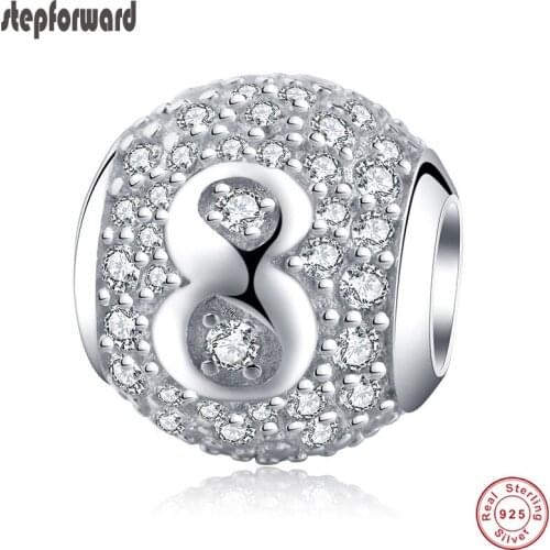 New Arrival 100% 925 Real Silver Number Eight Charm CZ Pave Number 8 Design Beads Fit Bracelet Necklace For Jewelry Making Gift