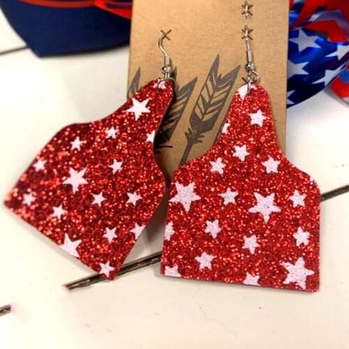 Wholesale 2021 Blue and White Star Glitter Cow Tag Earrings Faux Leather Teardrop Earrings