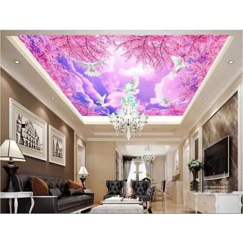 Custom photo 3d ceiling murals wallpaper Romantic cherry blossom blue sky and white clouds 3d wall murals wallpaper for walls 3d