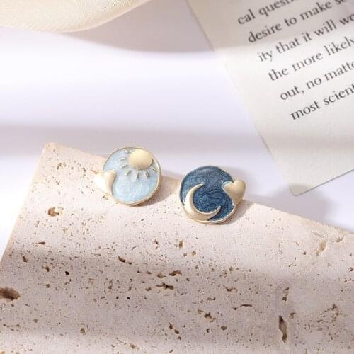 Sun and Moon Stud Earrings Blue Round Heart Ear Piercing Jewelry Women Girl Elegant Jewelry Gift for Friends