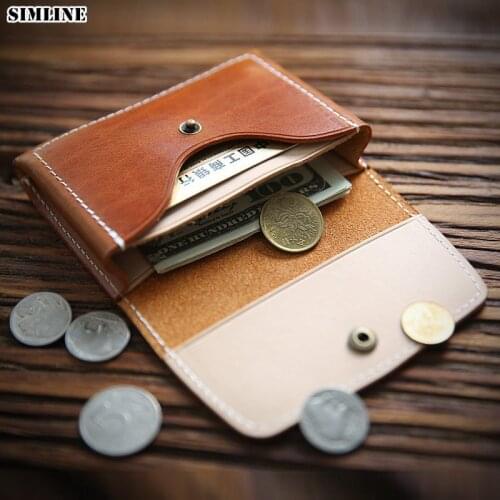 SIMLINE 2020 Genuine Leather Card Holder For Men Vintage Handmade Male Short Small Card Holders Case Wallet Coin Purse Organizer