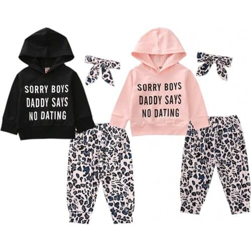 Newborn Toddler Baby Girl Long Sleeve Top Hoodies Leopard Pants Headband Outfits 3PCS Clothes Set