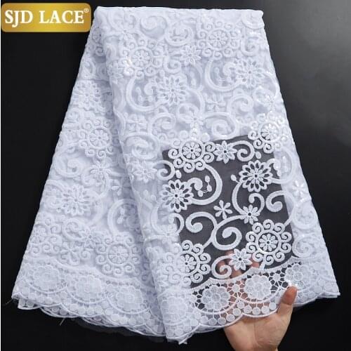 SJD LACE Pure White French Tulle Lace Fabric With Sequins African Lace Fabric Beatuiful Milk Silk Mesh Laces For Wedding A2321