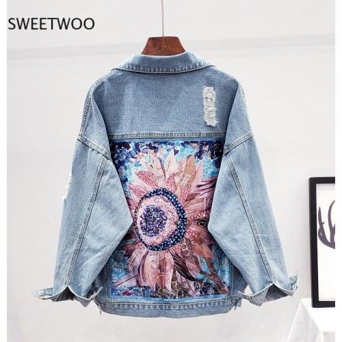 Streetwear Style Print Womens Denim Jacket Coat Diamonds Hole Bf Jeans Outwear Female Spring Autumn Casual Loose Cowboy Outwear