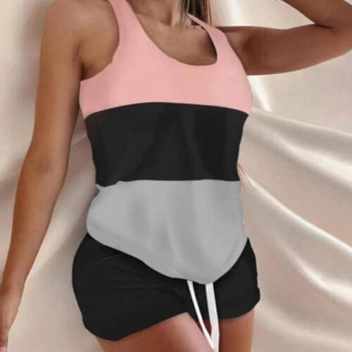 Women Casual Homewear 2 Piece Set Contrast Color Sleeveless Patchwork Vest Drawstring Shorts Suit Summer Sportwear Womens Sets
